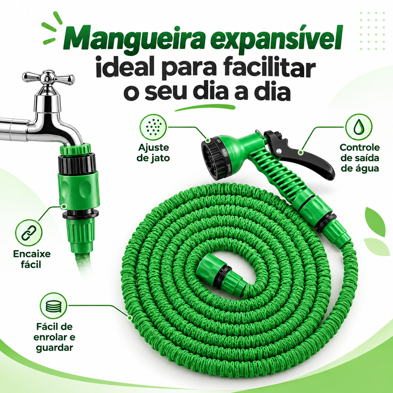 Mangueira expansível verde com destaques de ajuste de jato, controle de saída e encaixe fácil